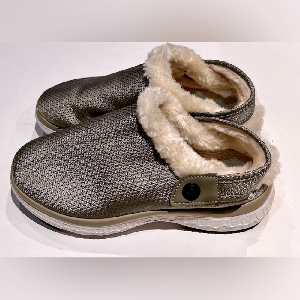 Hsyooes Women's Gray Faux Fur Plush Lined Clogs Winter Slippers Size 37/6.5